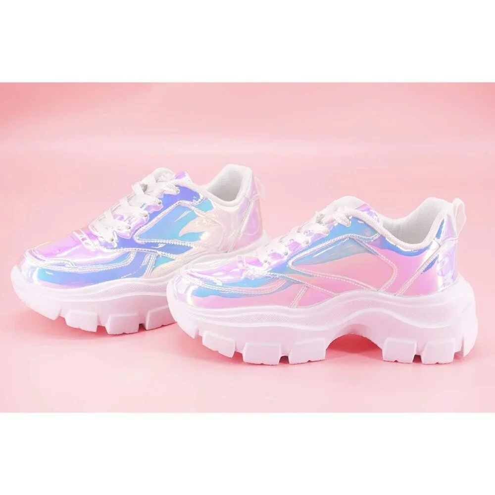 Women White Hologram Platform Fuchsia Hologram Casual Lace-Up Sneakers